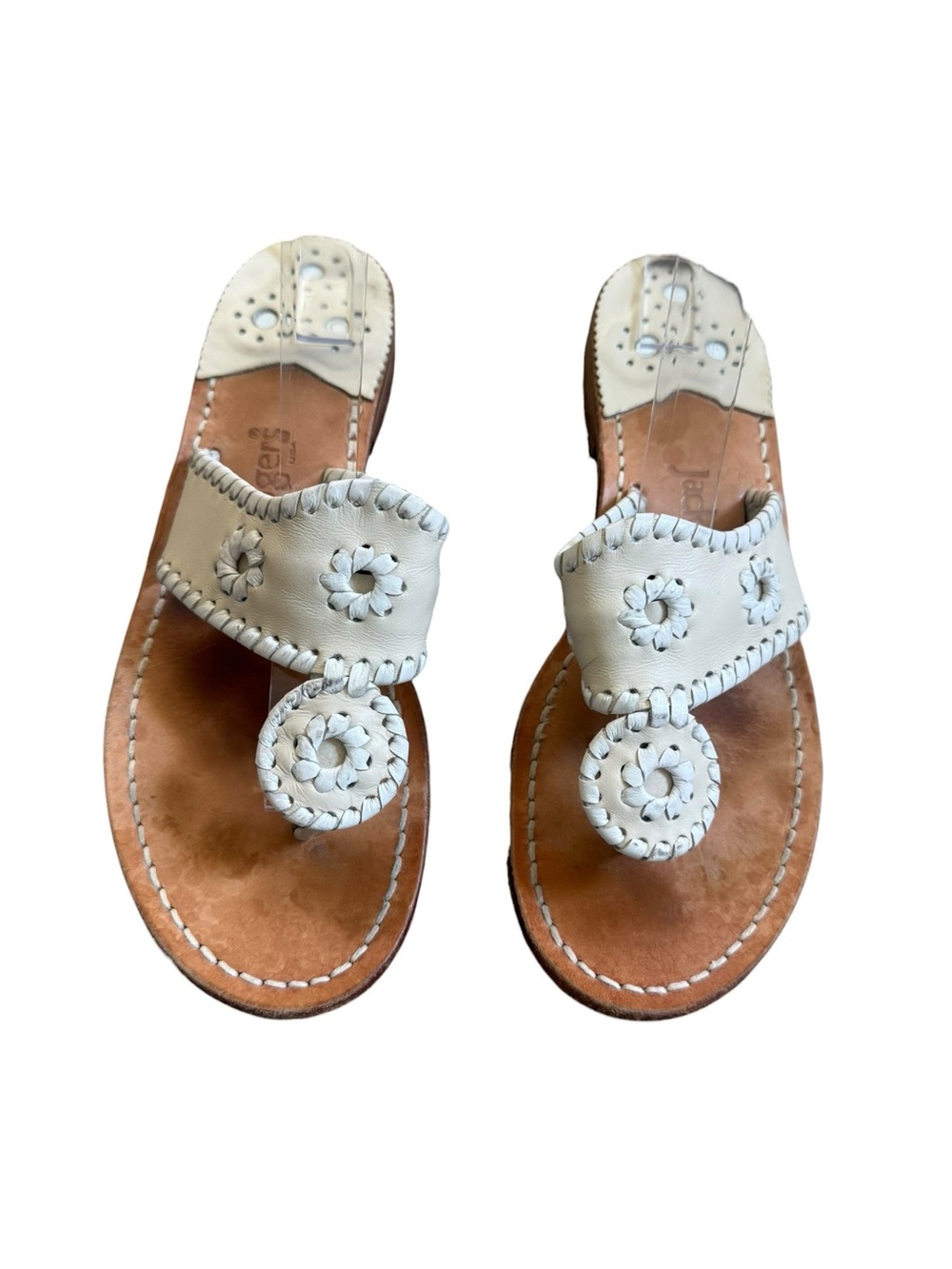 Jack Rogers Womens White Tan Leather Flat Sandals Slip On Embroidered Cut Out